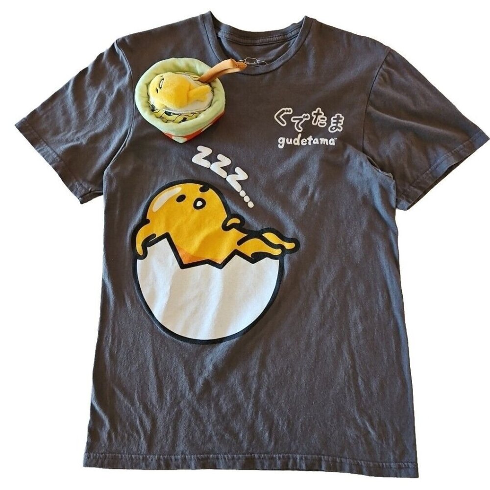 Gudetama the Lazy Egg Lot Plush Figure Sanrio Noodle Bowl and XS T Shirt Gray